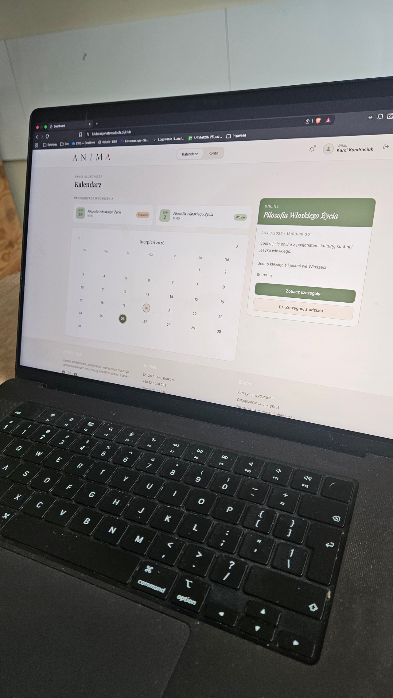 Panel klubowicza ANIMA na ekranie laptopa